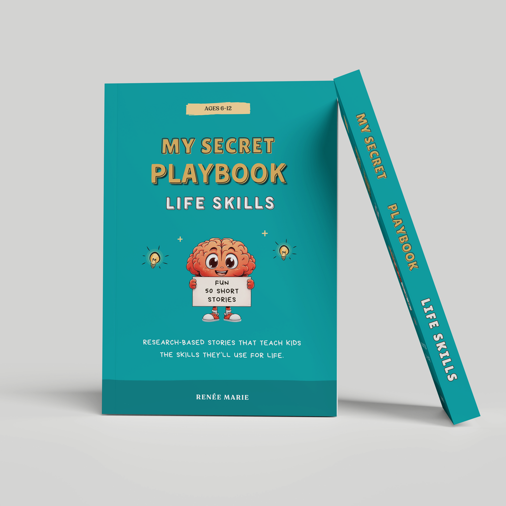 A teal hardcover book titled "My Secret Playbook: Life Skills" stands upright with a second copy leaning against it on a light gray studio background. The cover features a cartoon brain character holding a sign and small gold stars.